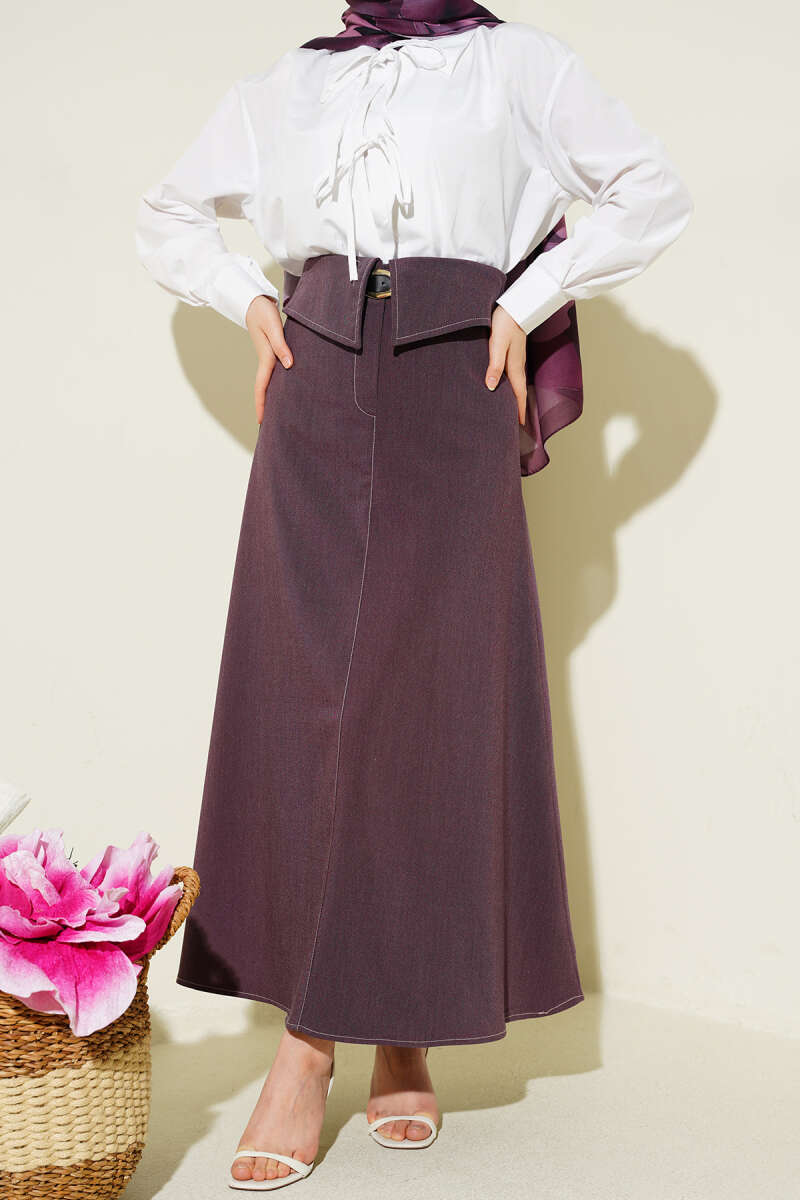 Belted Skirt with Waist Panel - Burgundy
