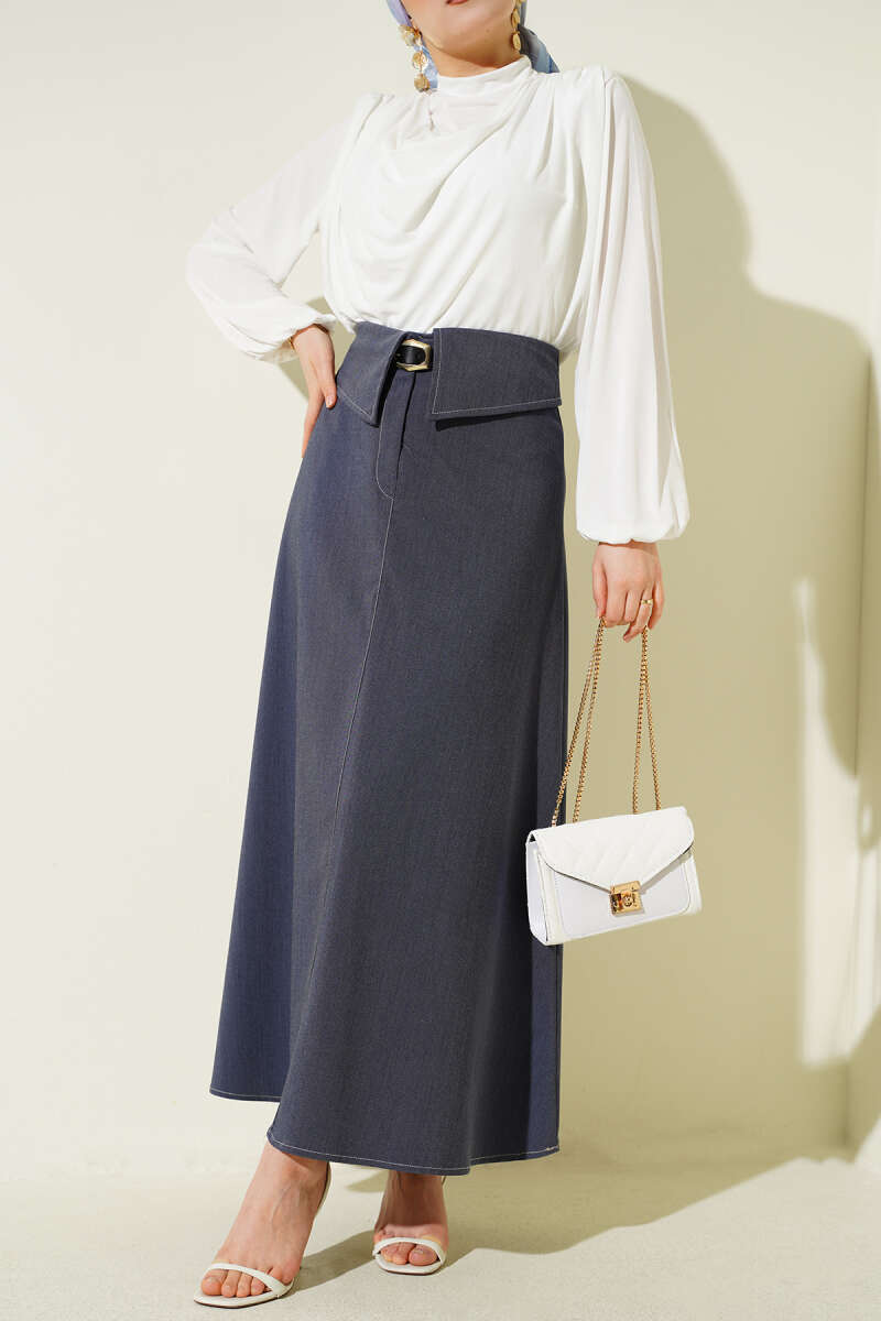 Belted Skirt with Waist Panel - Blue