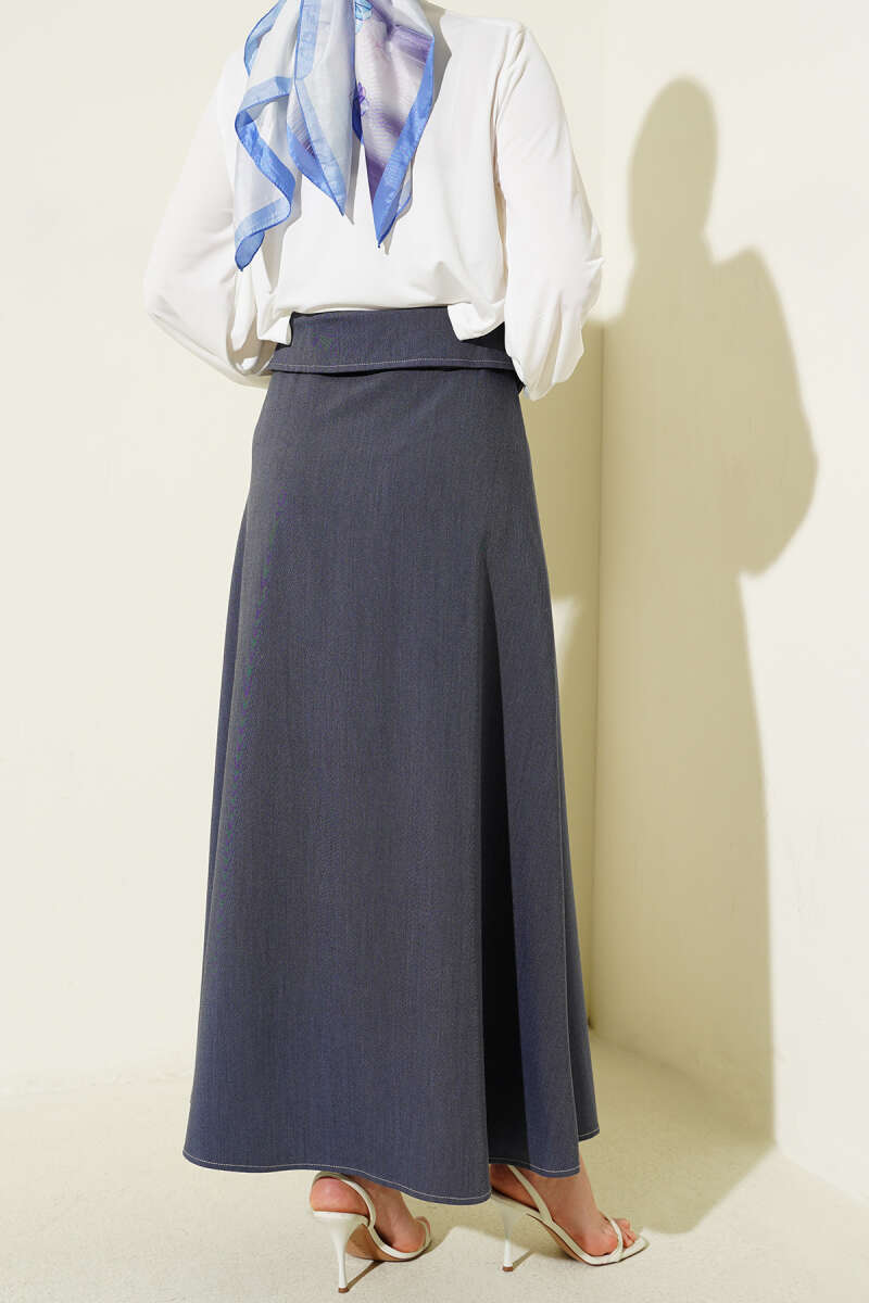 Belted Skirt with Waist Panel - Blue