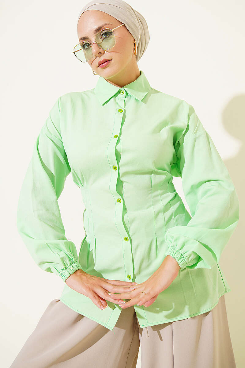 Shirt with Waist Darts and Elastic Cuffs - Aqua Green