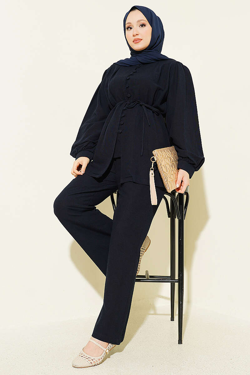 Linen Set with Waist Darts and Rivet Buttons - Navy