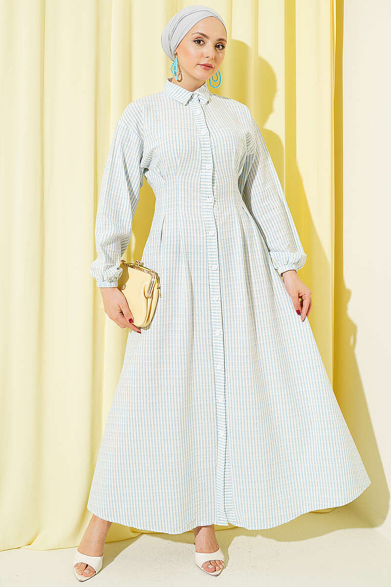 Striped Button-Through Dress with Waist Darts - Light Blue