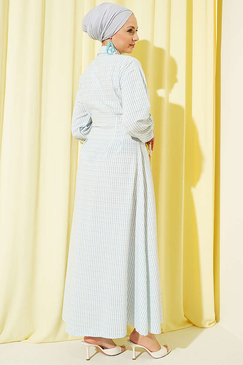 Striped Button-Through Dress with Waist Darts - Light Blue