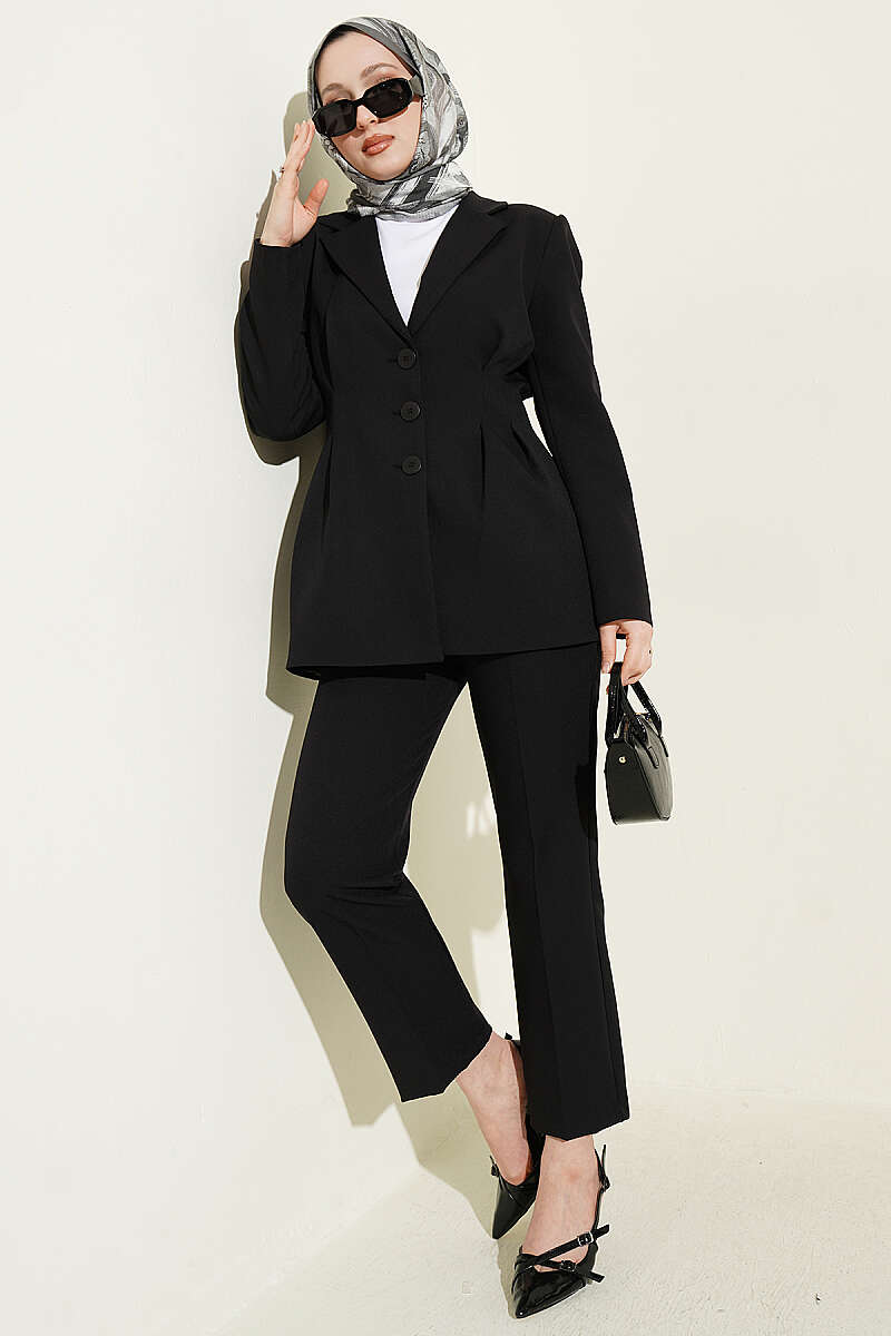 Two-Piece Set with Darted Button Jacket - Black