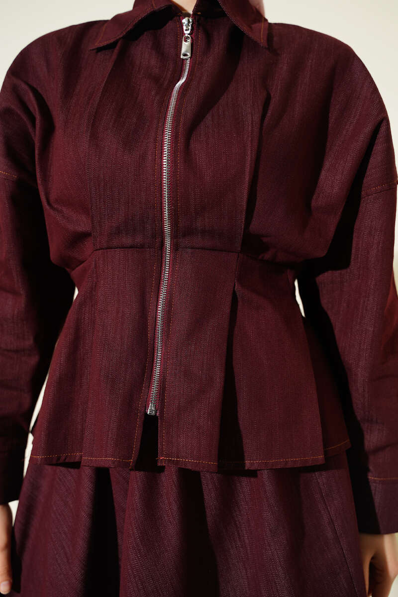 Denim Skirt Set with Zip and Waist Darts - Burgundy