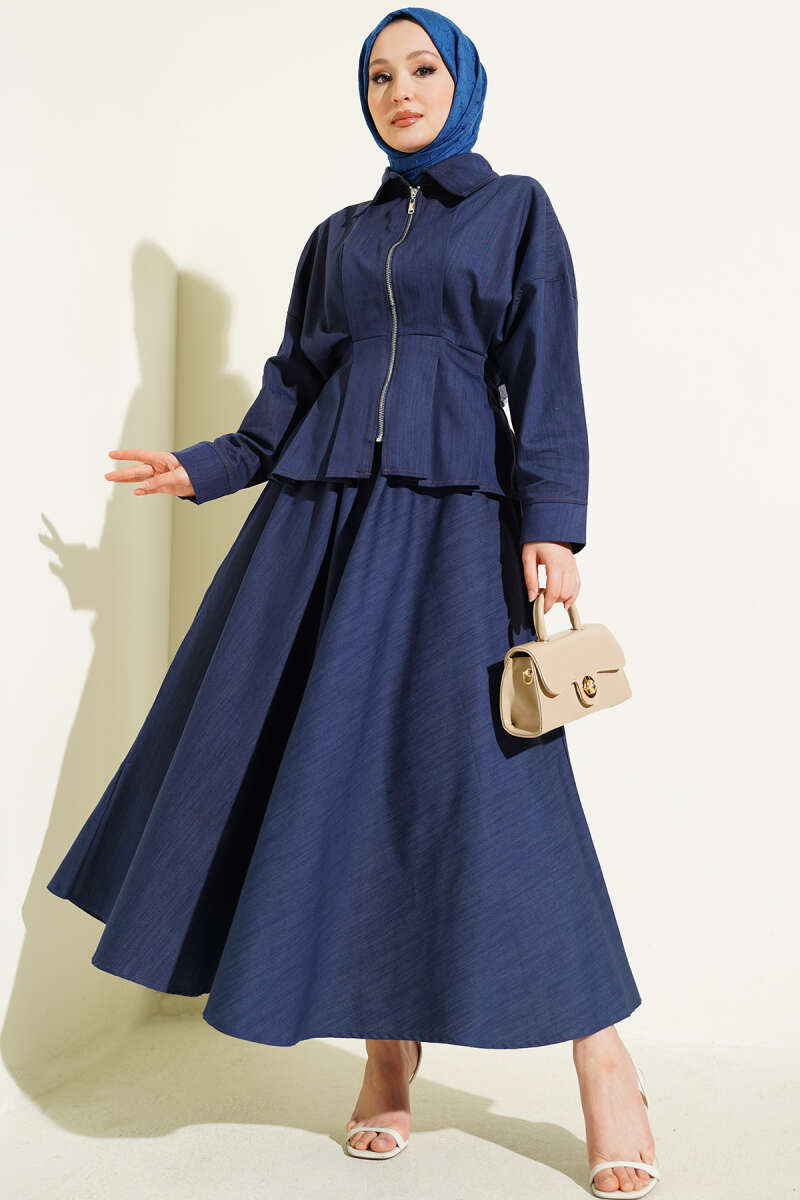 Denim Skirt Set with Zip and Waist Darts - Indigo