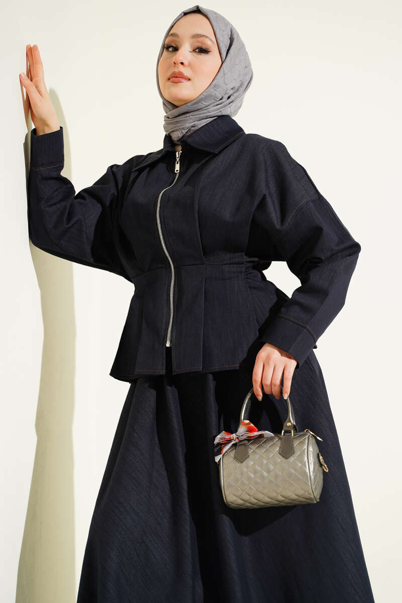 Denim Skirt Set with Zip and Waist Darts - Navy