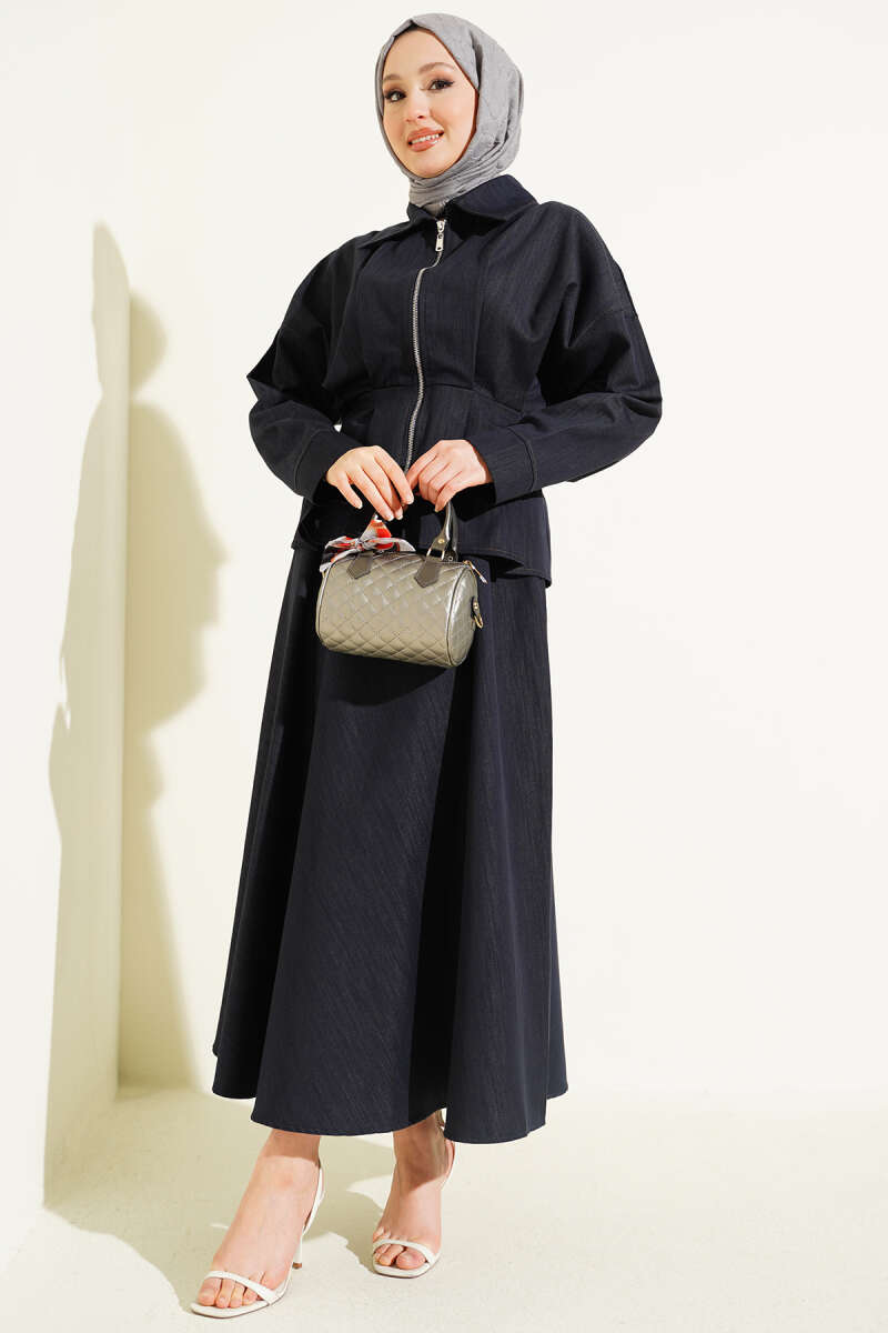 Denim Skirt Set with Zip and Waist Darts - Navy