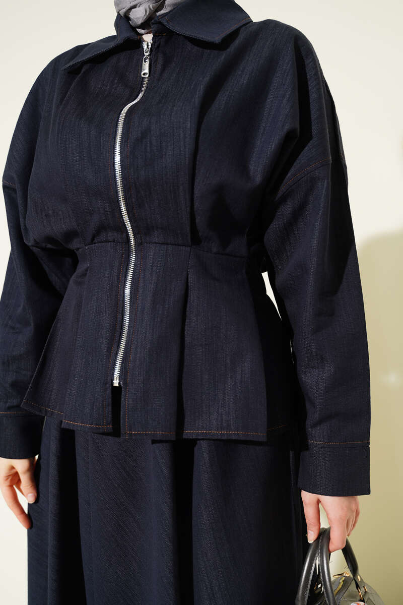 Denim Skirt Set with Zip and Waist Darts - Navy