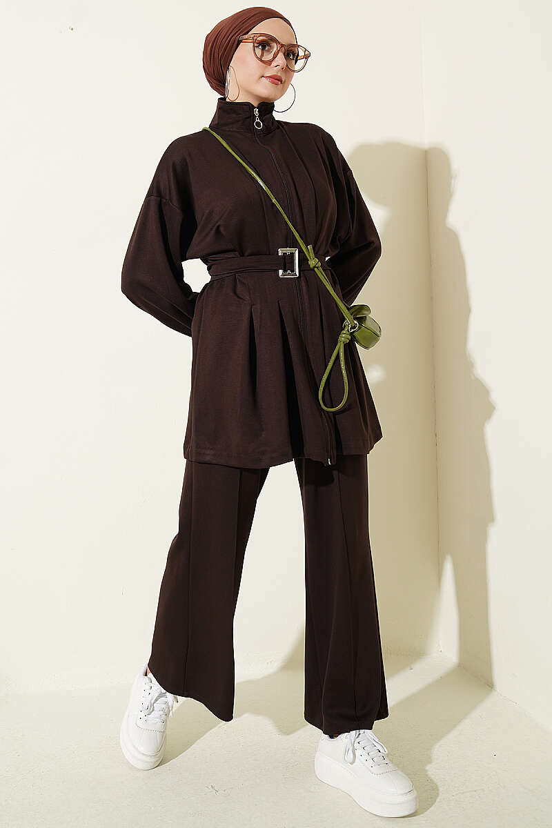 Zip-Up Two-Piece Set with Waist Darts - Dark Brown