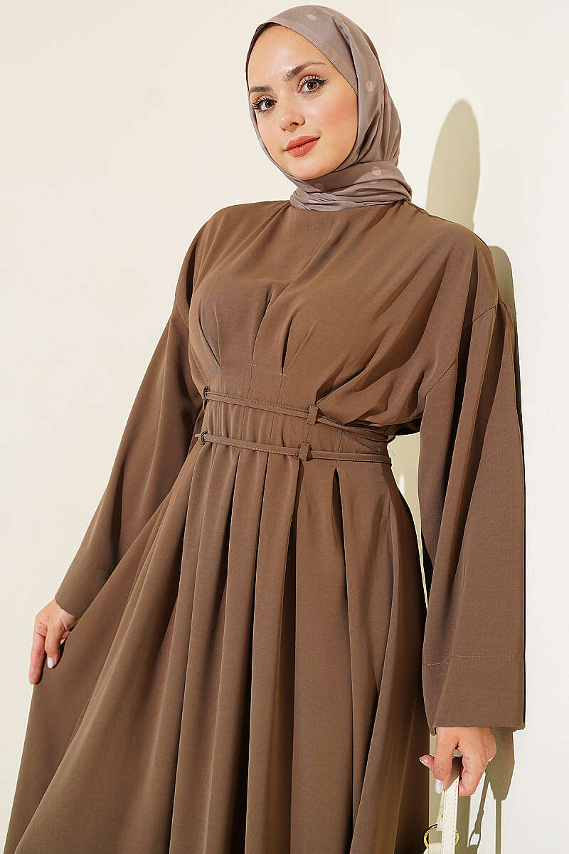 Dress with Waist Darts and Cord Belt - Mink