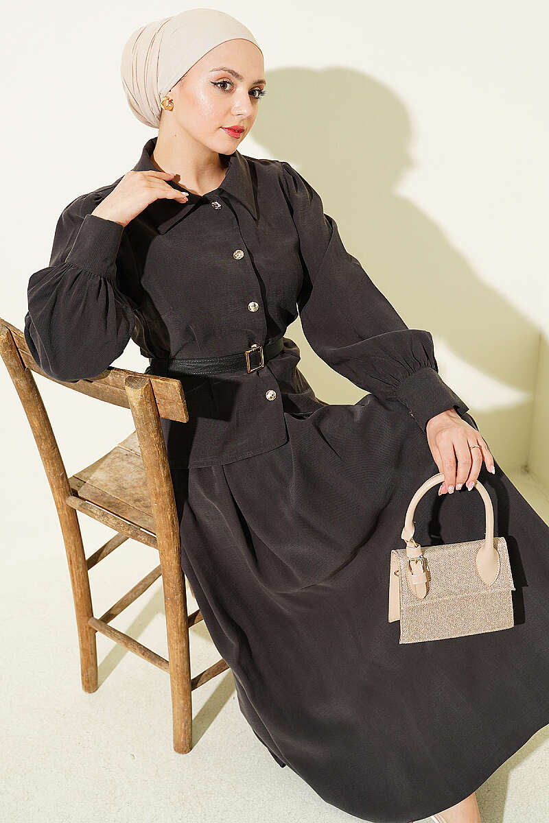 Belted Button Skirt Set with Waist Darts - Dark Brown