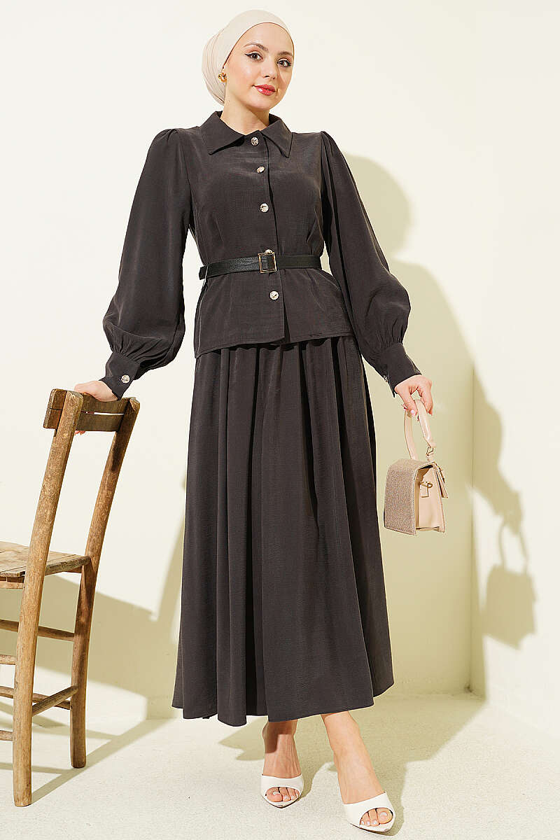 Belted Button Skirt Set with Waist Darts - Dark Brown
