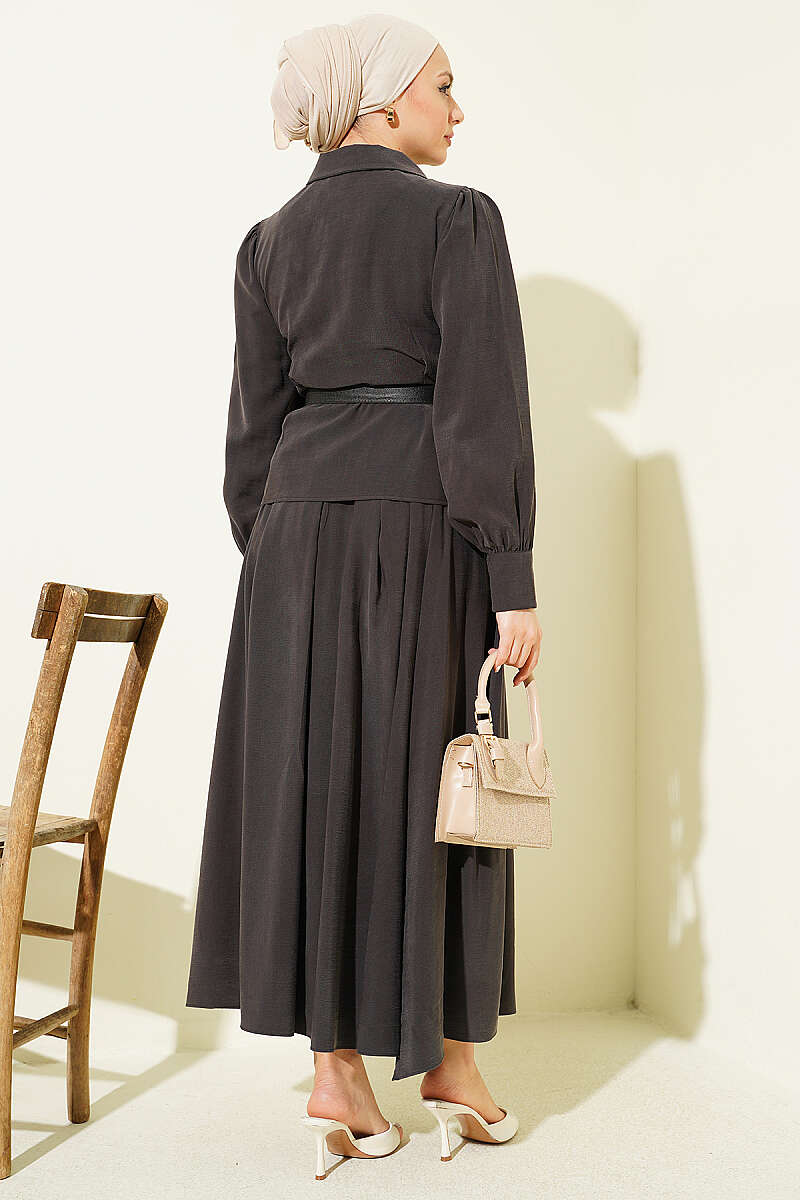 Belted Button Skirt Set with Waist Darts - Dark Brown
