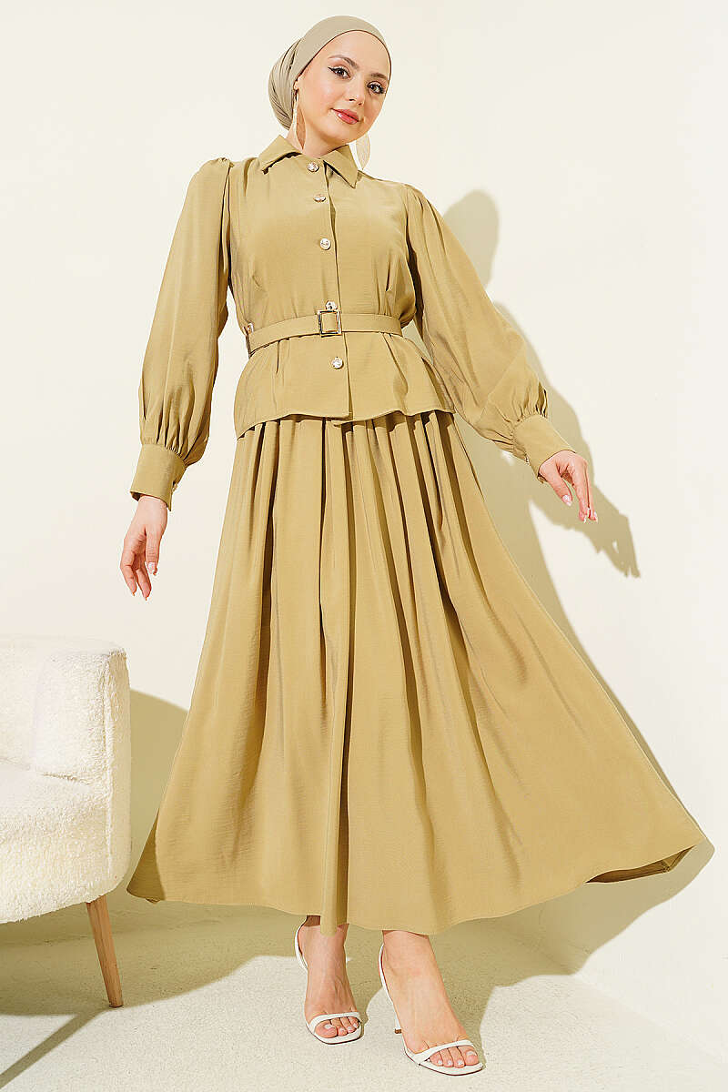 Belted Button Skirt Set with Waist Darts - Almond Green