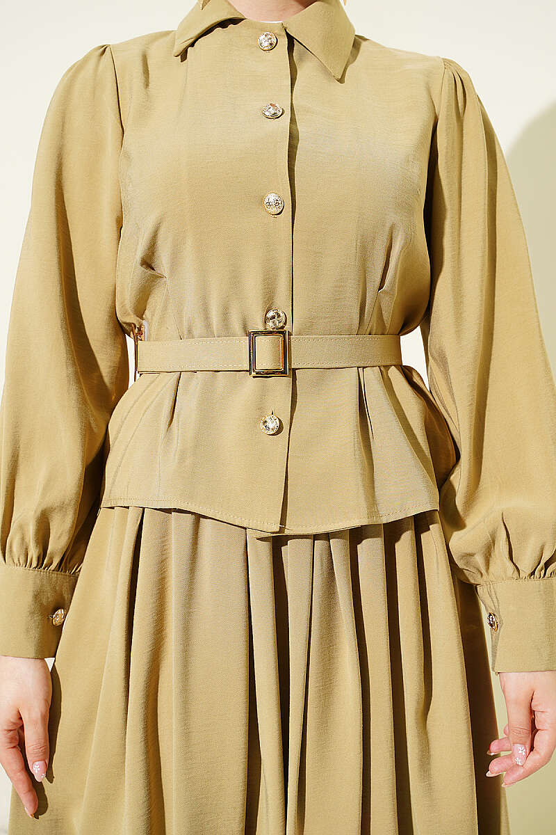 Belted Button Skirt Set with Waist Darts - Almond Green