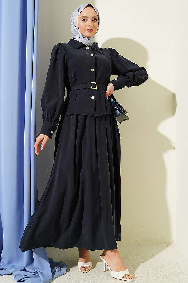 Belted Button Skirt Set with Waist Darts - Navy