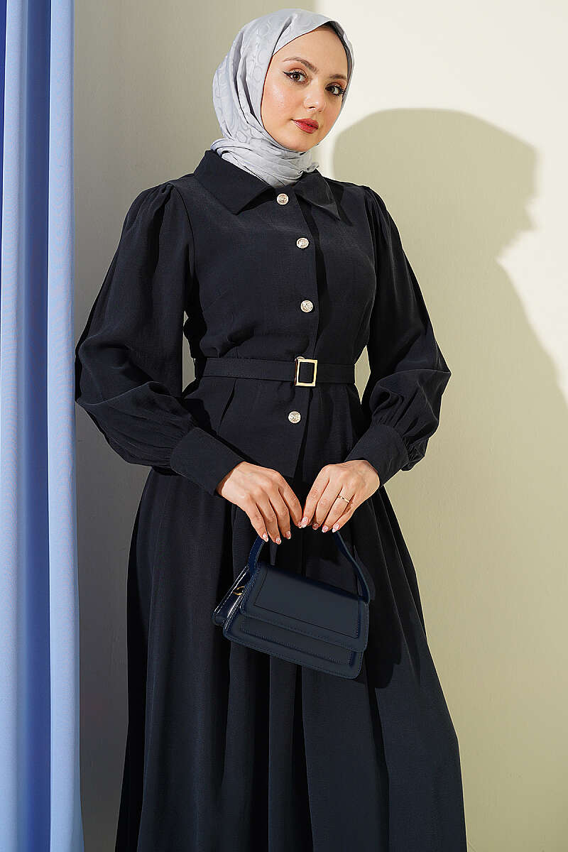 Belted Button Skirt Set with Waist Darts - Navy