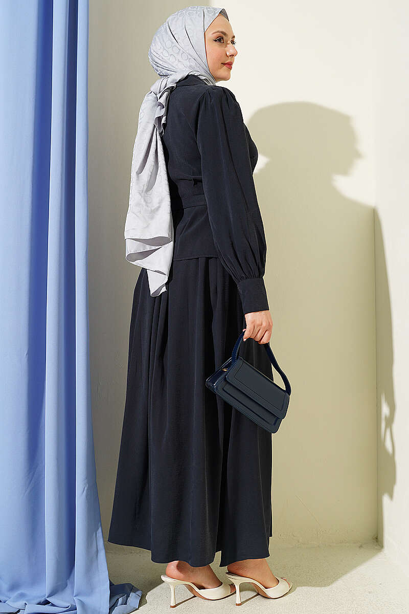 Belted Button Skirt Set with Waist Darts - Navy