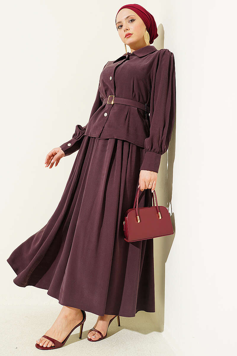 Belted Button Skirt Set with Waist Darts - Plum
