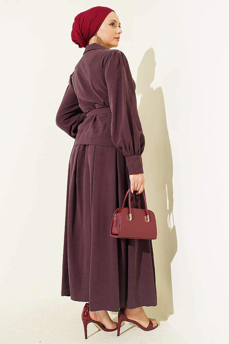 Belted Button Skirt Set with Waist Darts - Plum