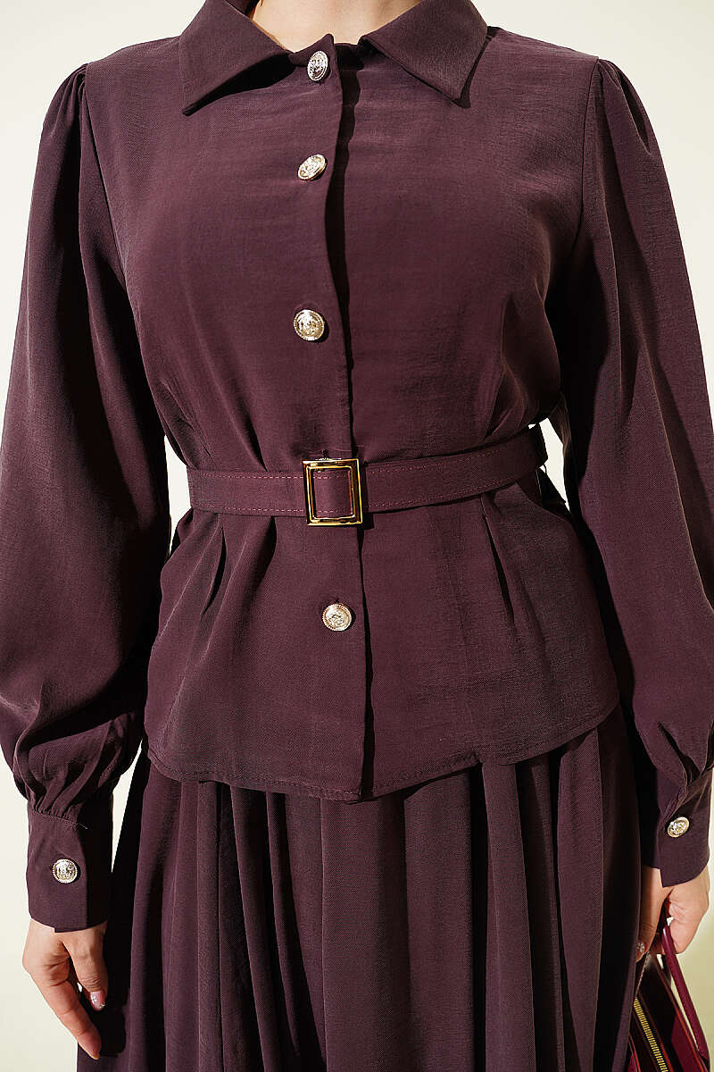 Belted Button Skirt Set with Waist Darts - Plum