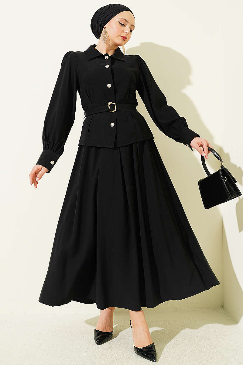 Belted Button Skirt Set with Waist Darts - Black