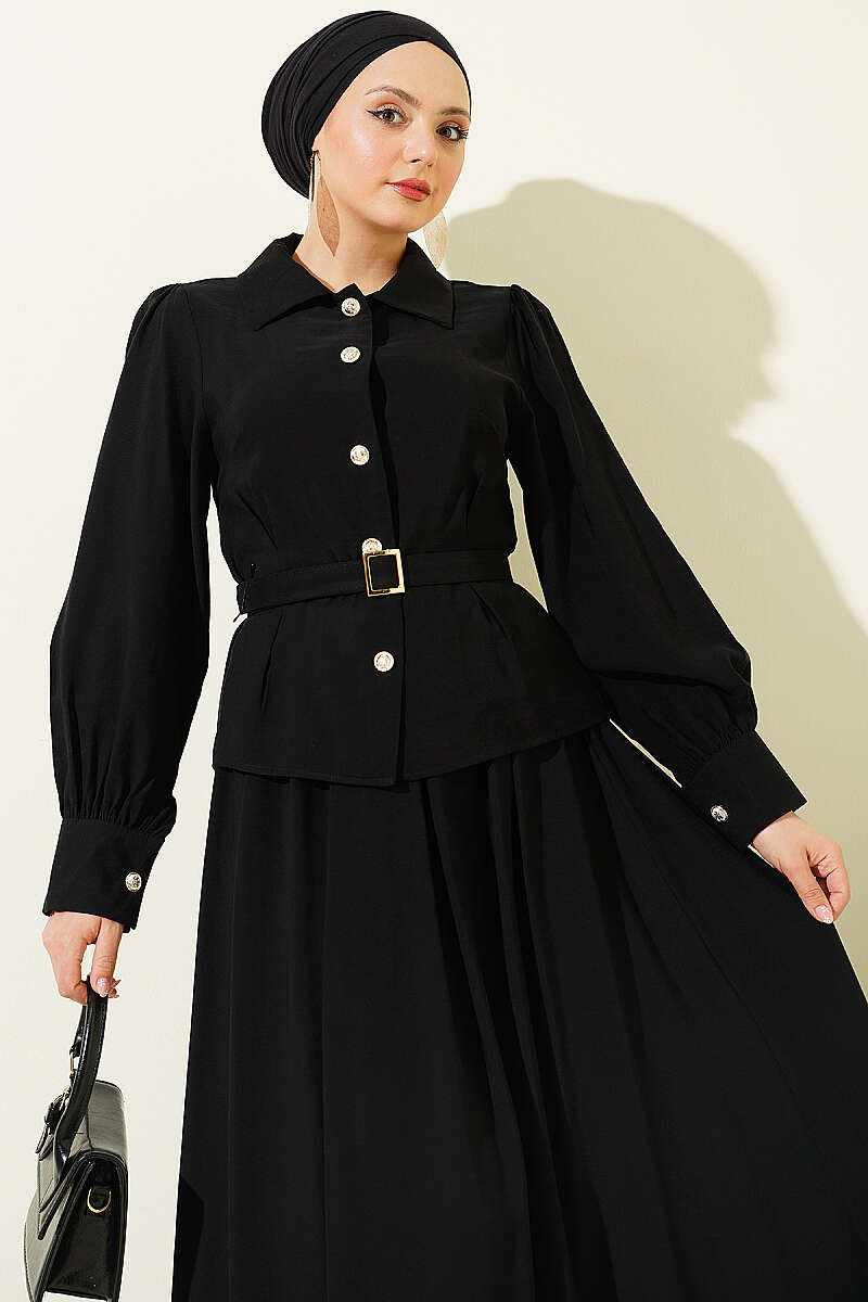 Belted Button Skirt Set with Waist Darts - Black