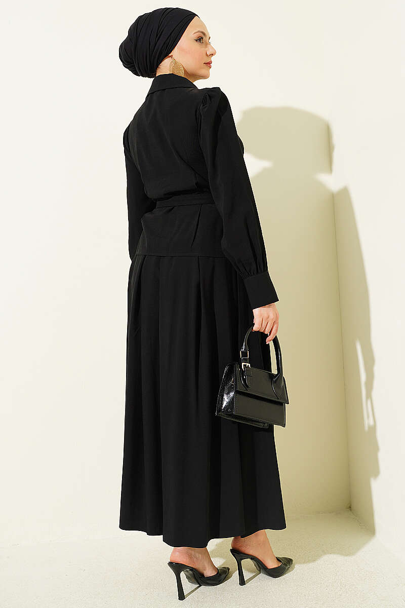Belted Button Skirt Set with Waist Darts - Black