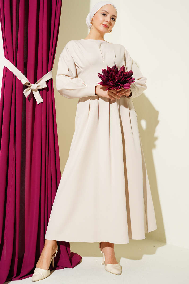 Belted Double-Knit Dress with Waist Darts - Beige