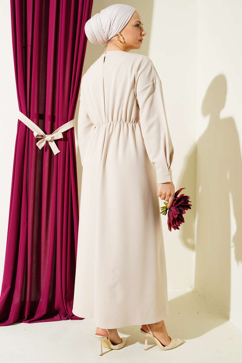 Belted Double-Knit Dress with Waist Darts - Beige
