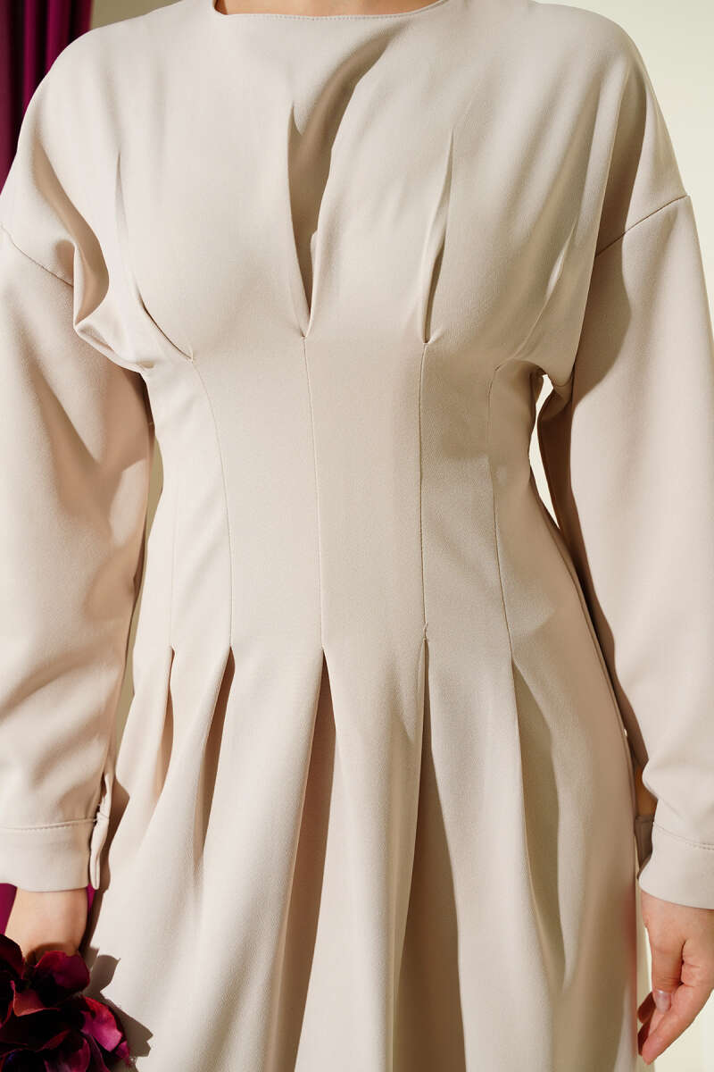 Belted Double-Knit Dress with Waist Darts - Beige