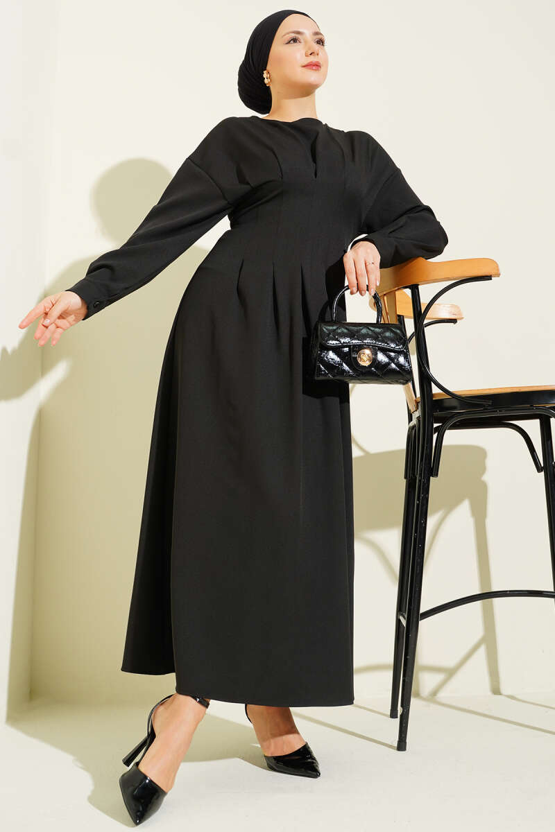 Belted Double-Knit Dress with Waist Darts - Black