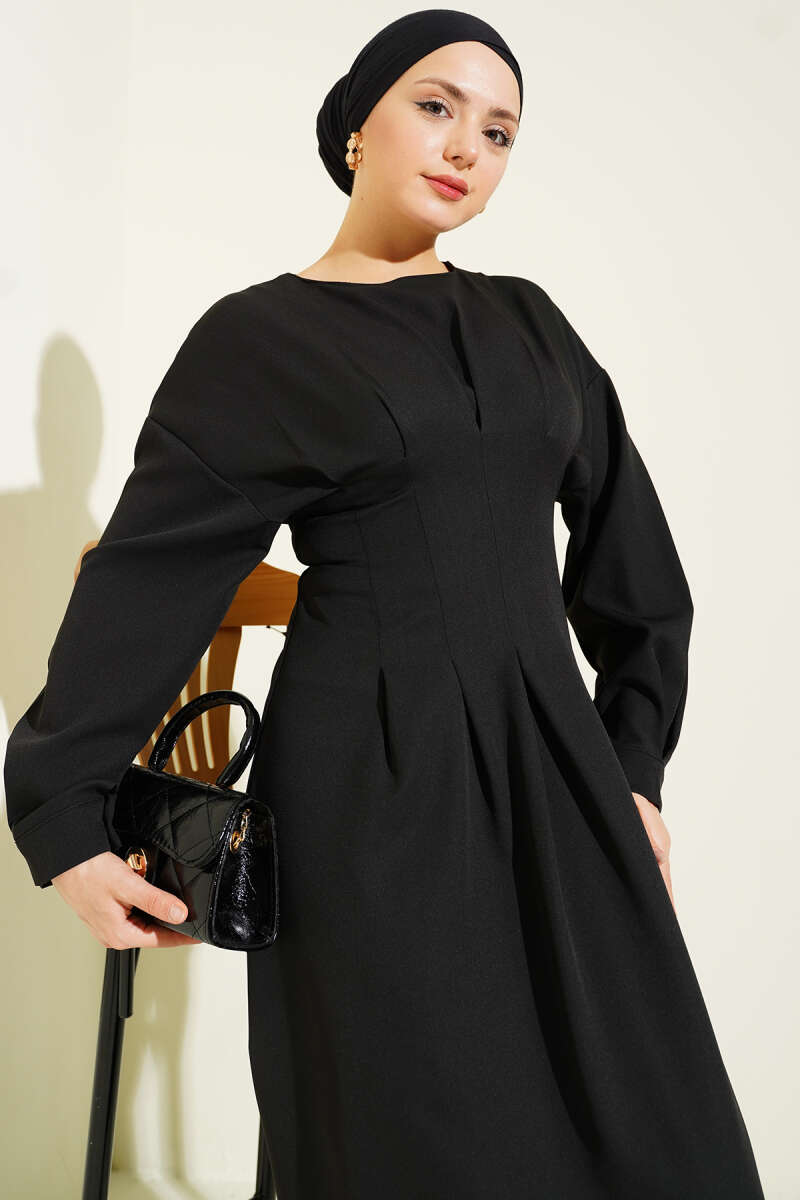 Belted Double-Knit Dress with Waist Darts - Black