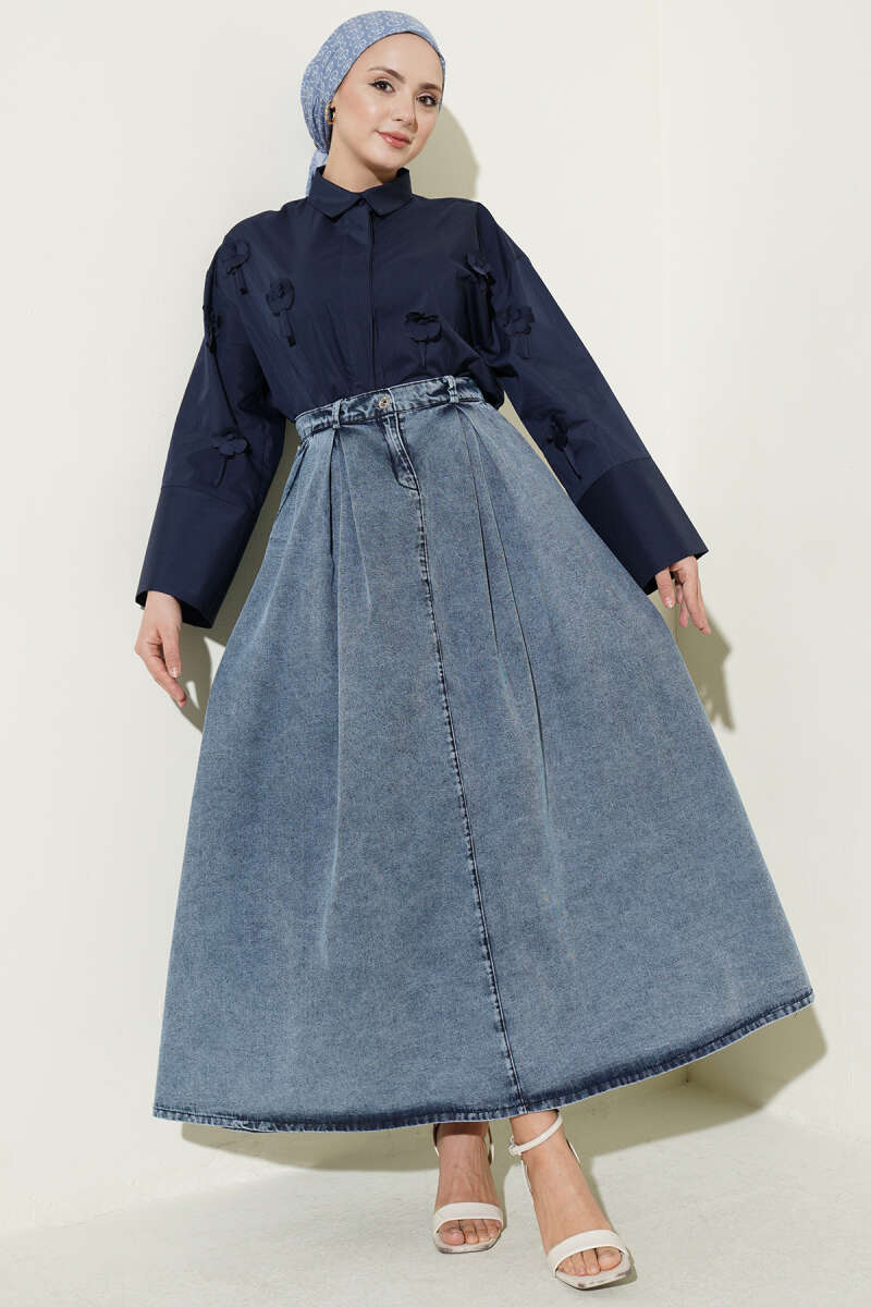 Pleated-Waist Denim Skirt with Pockets - Light Blue