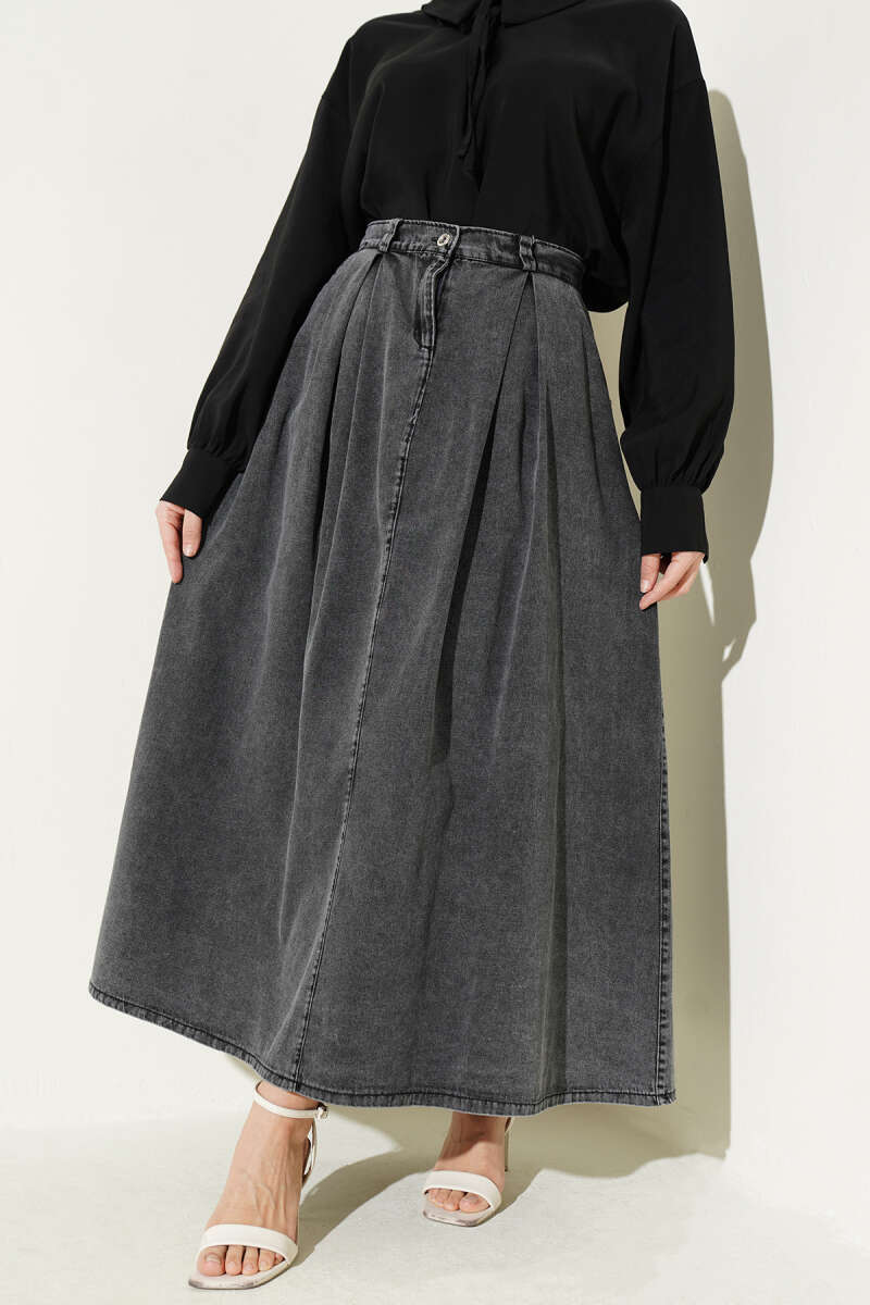 Pleated-Waist Denim Skirt with Pockets - Smoke Grey