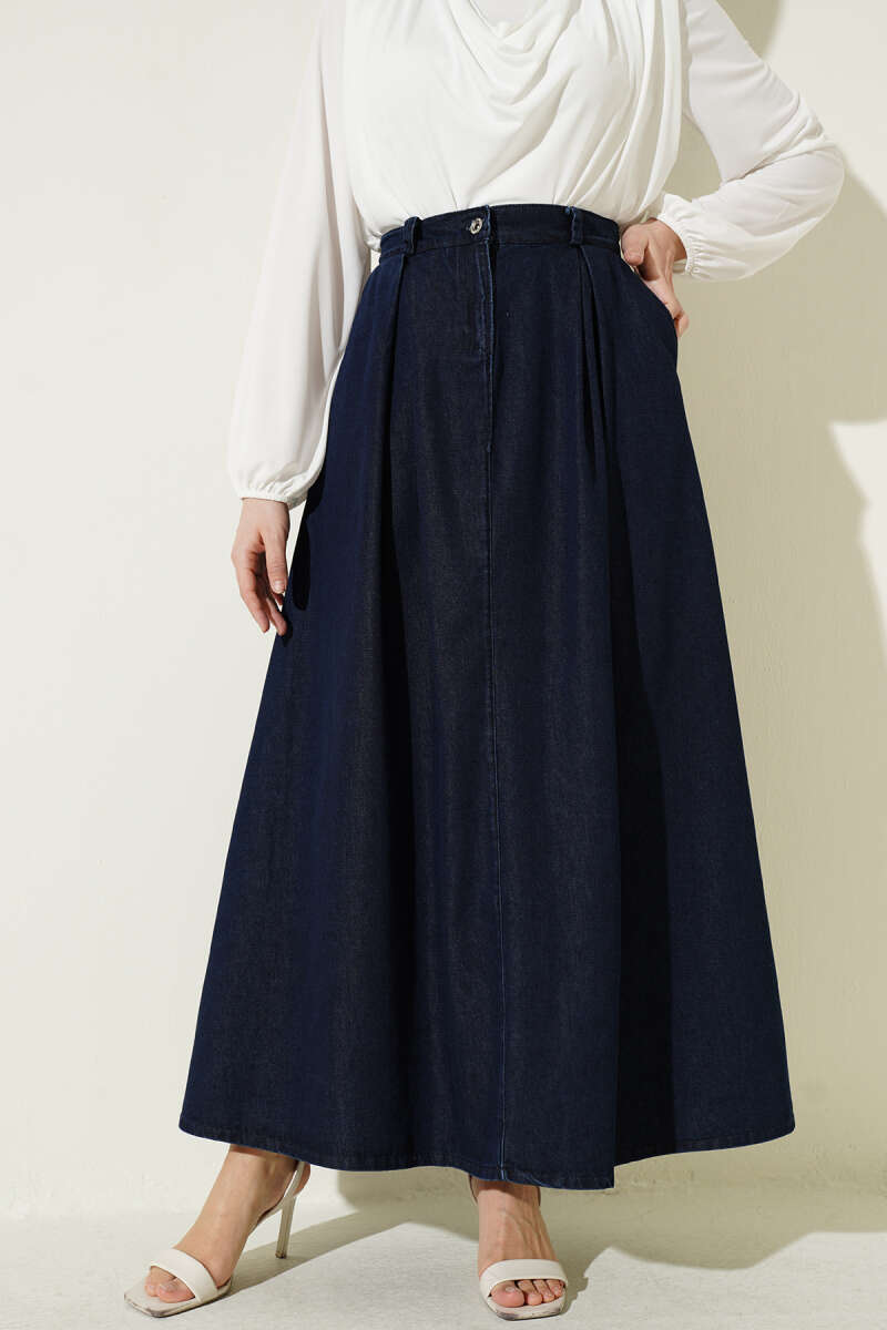 Pleated-Waist Denim Skirt with Pockets - Navy