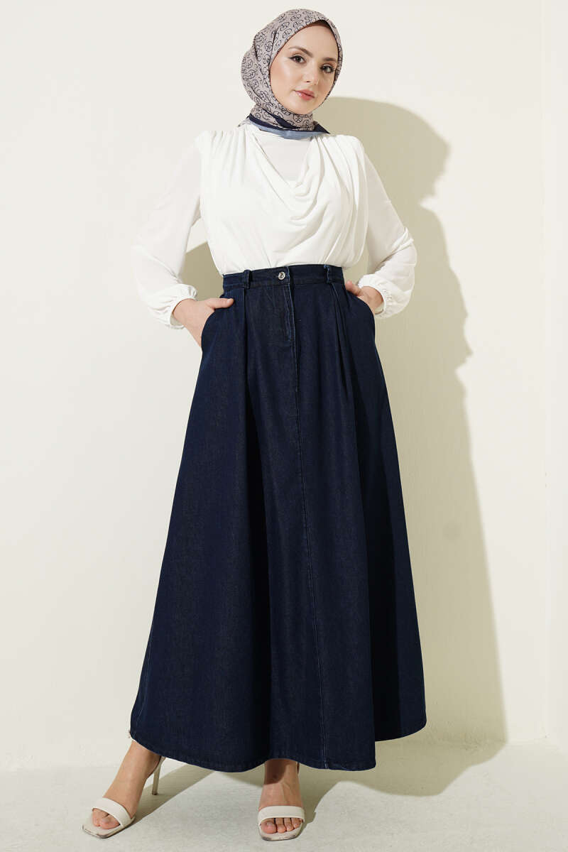 Pleated-Waist Denim Skirt with Pockets - Navy