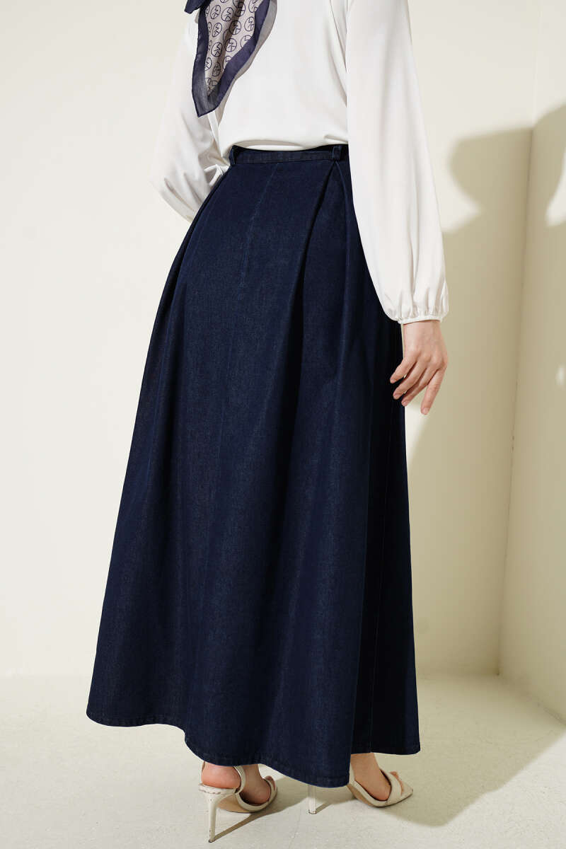 Pleated-Waist Denim Skirt with Pockets - Navy