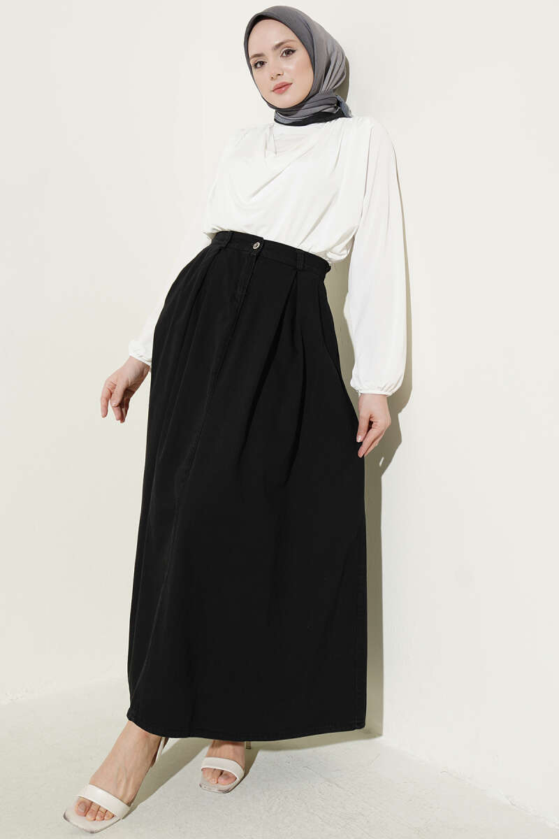Pleated-Waist Denim Skirt with Pockets - Black