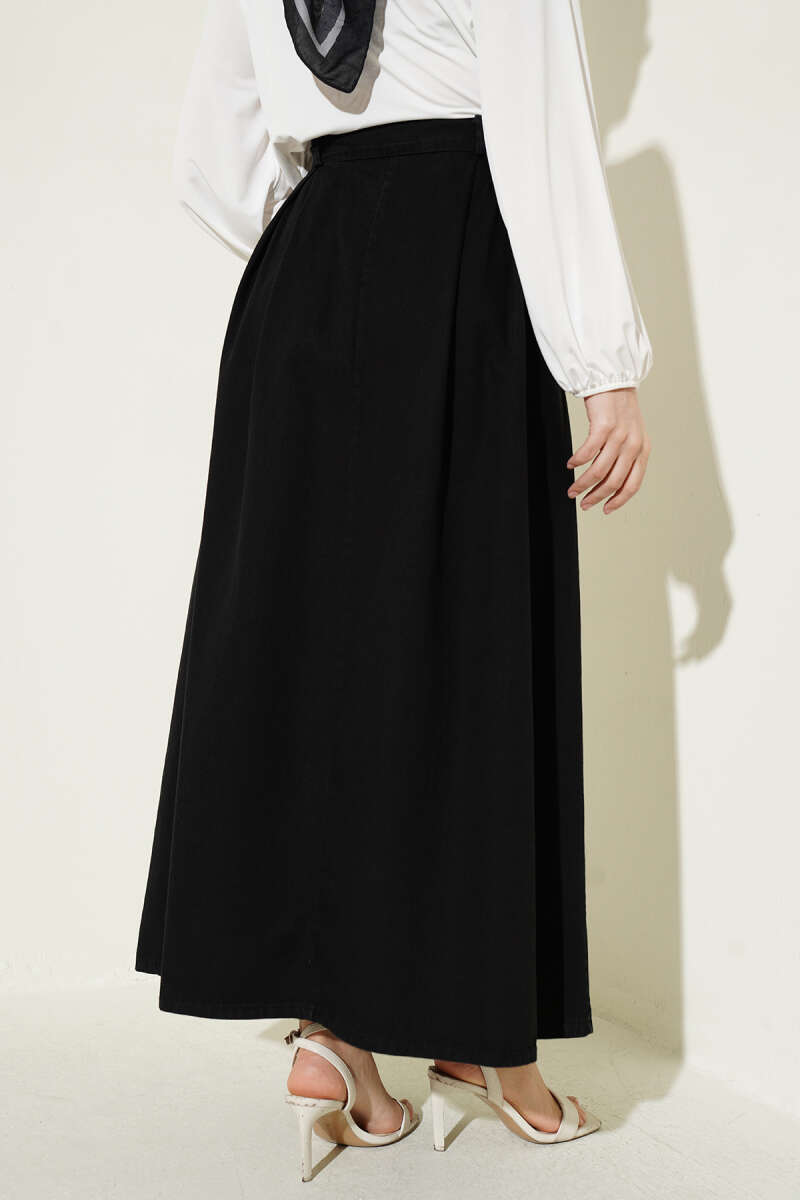 Pleated-Waist Denim Skirt with Pockets - Black