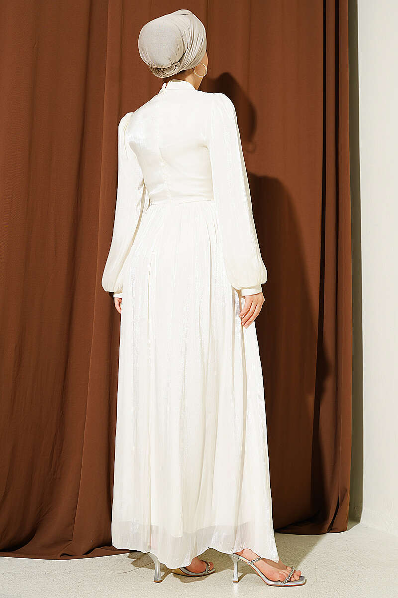 Gathered Evening Dress with Jewelled Waist Band - Ecru