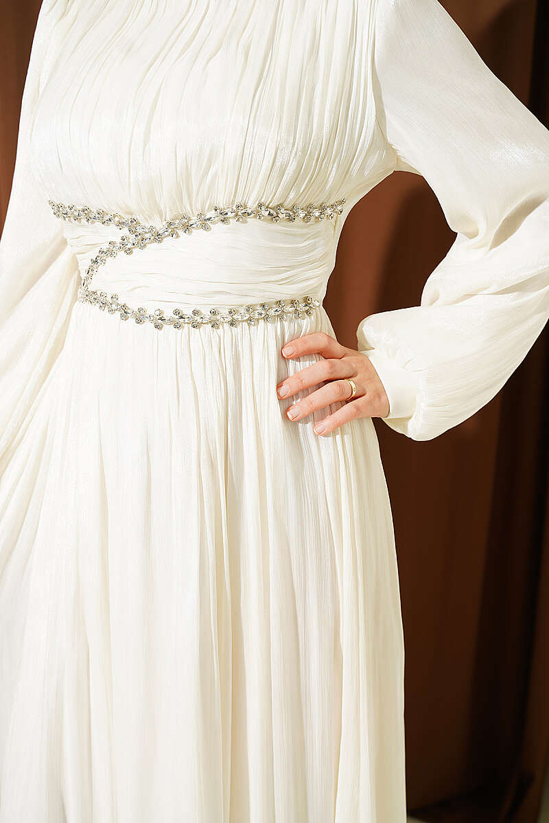Gathered Evening Dress with Jewelled Waist Band - Ecru