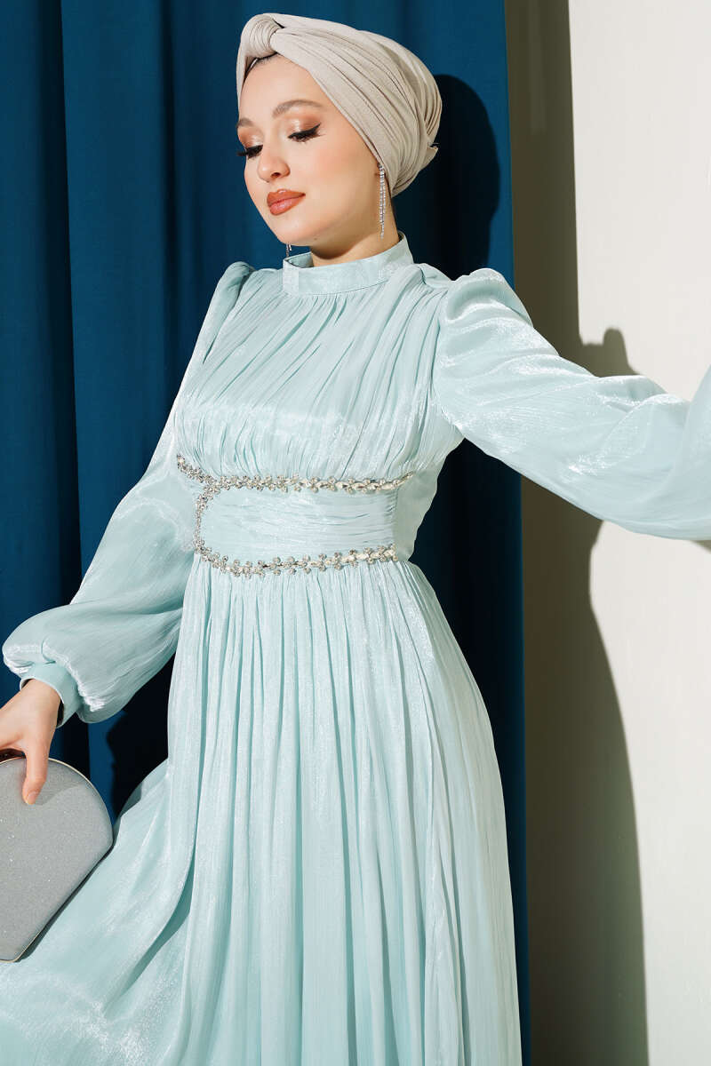 Gathered Evening Dress with Jewelled Waist Band - Aqua Green