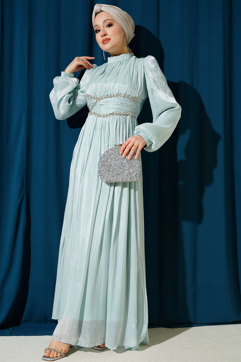 Gathered Evening Dress with Jewelled Waist Band - Aqua Green