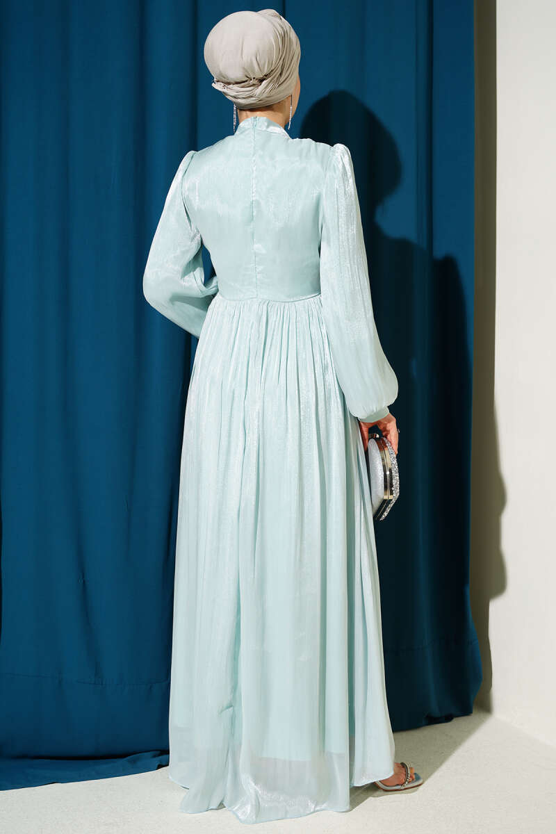 Gathered Evening Dress with Jewelled Waist Band - Aqua Green