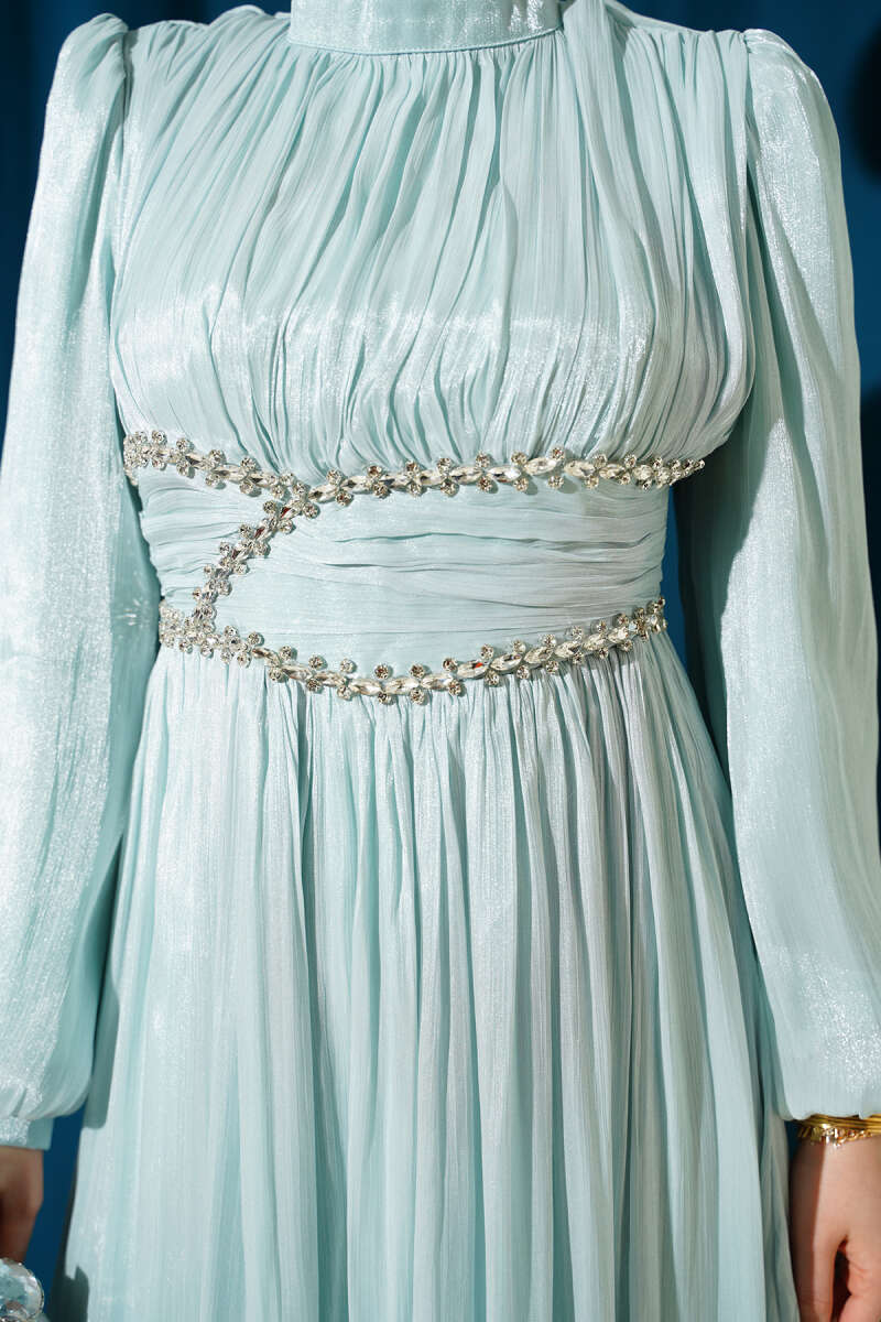 Gathered Evening Dress with Jewelled Waist Band - Aqua Green