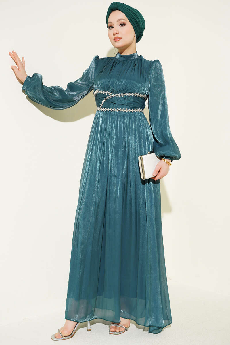 Gathered Evening Dress with Jewelled Waist Band - Emerald