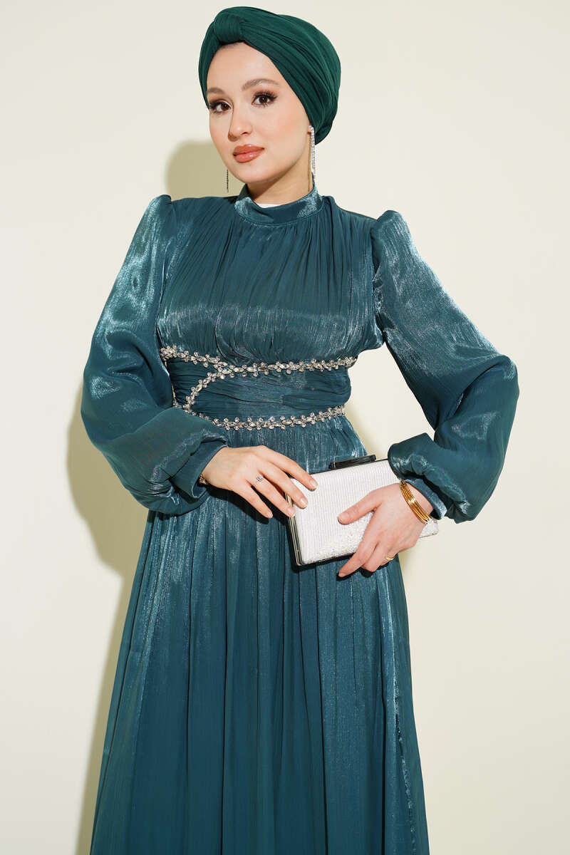 Gathered Evening Dress with Jewelled Waist Band - Emerald