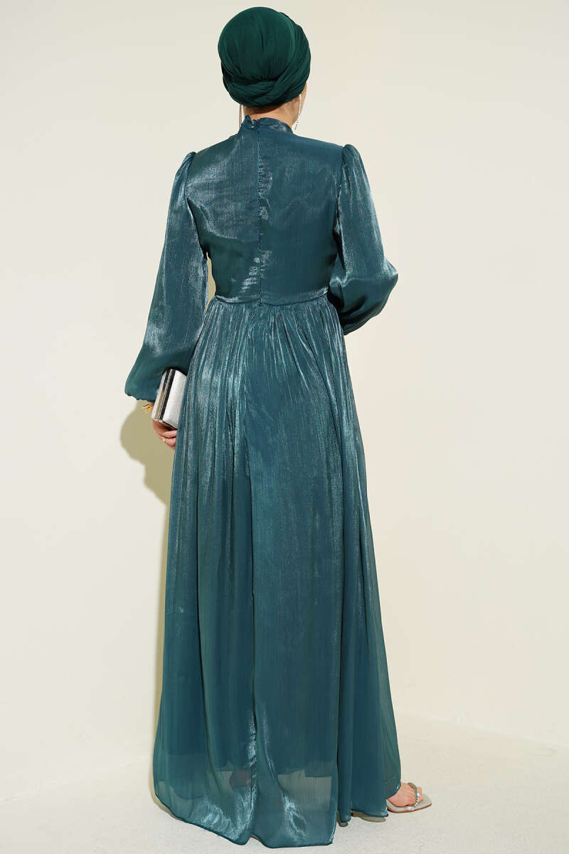 Gathered Evening Dress with Jewelled Waist Band - Emerald